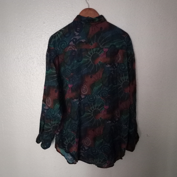 Punch Vintage L Silk Button Down Volcano Sun Pattern Top Blouse Turquoise Tan - Picture 7 of 16